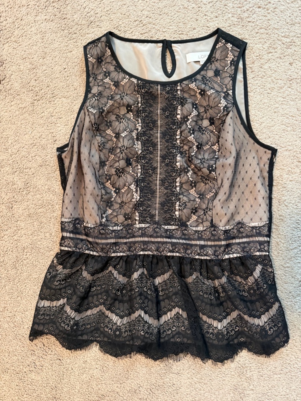 LOFT Black Lace Peplum Blouse with Sheer Insets